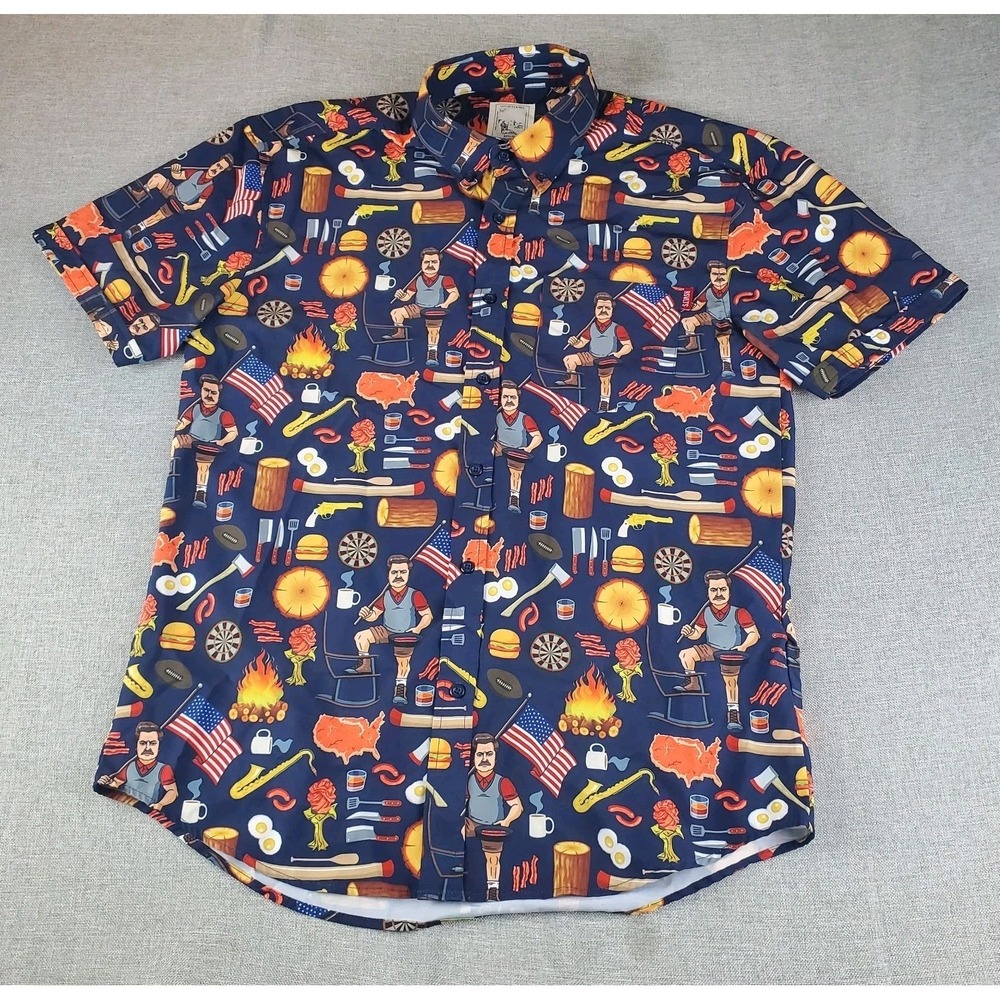 RSVLTS Shirt Mens Large Blue Short Sleeve Parks And Recreation Ron Swanson